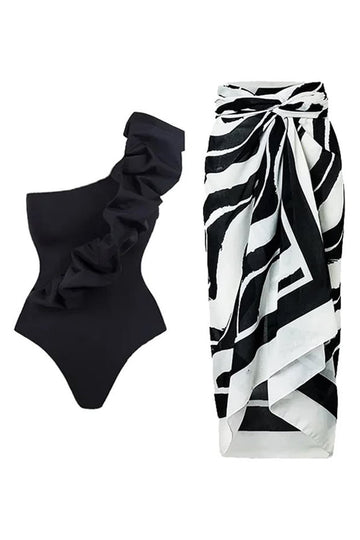 Black White One Piece Ruffled Beach Swimwear with Cover Up